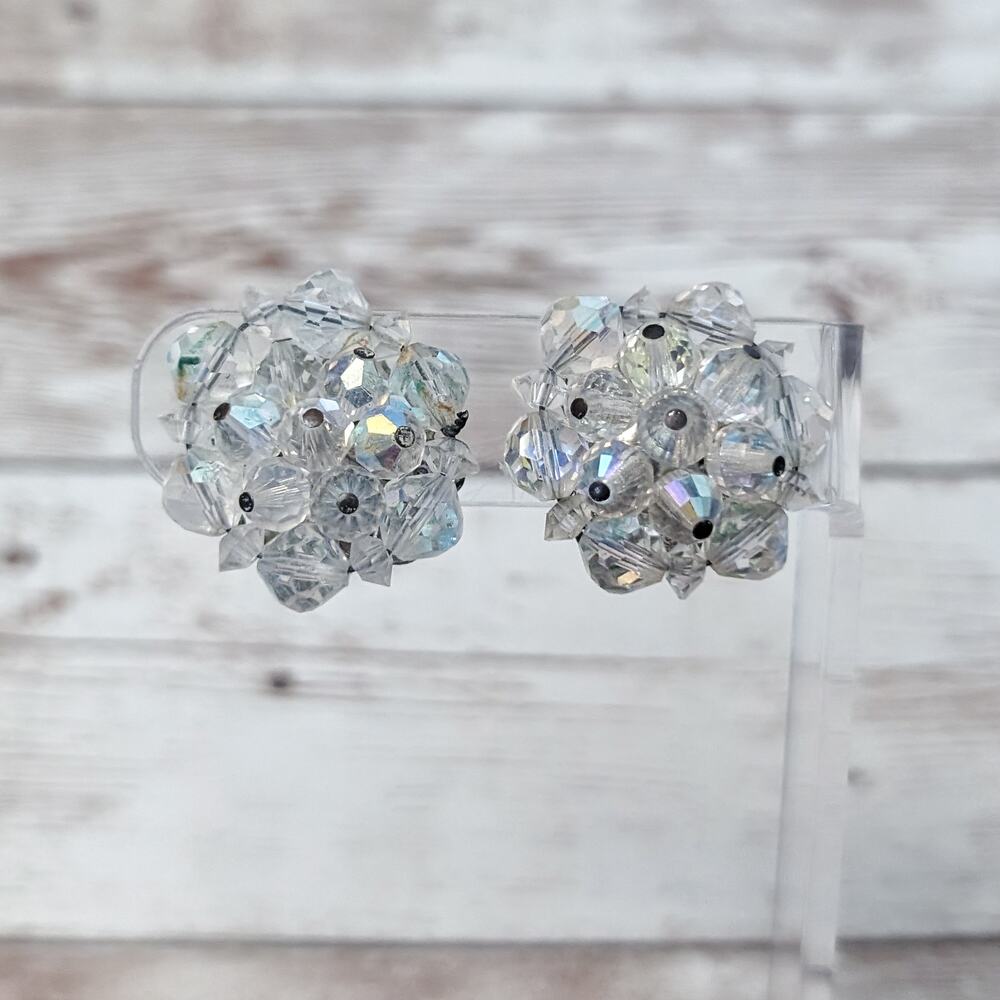 Vintage Clip On Earrings 1" iridescent Beads - Condition Issues